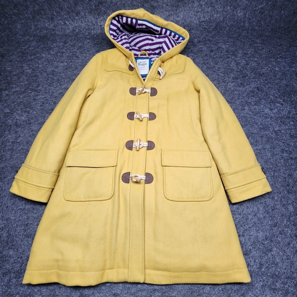 Mini Boden Girls Wool Blend Toggle Duffle Long Jacket Coat Hooded Yellow 11-12